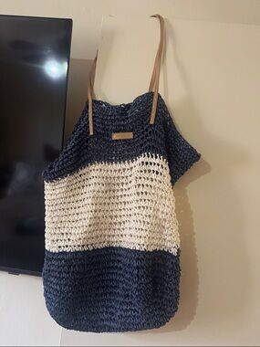 Woven Two-Tone Navy and Cream Shoulder Tote